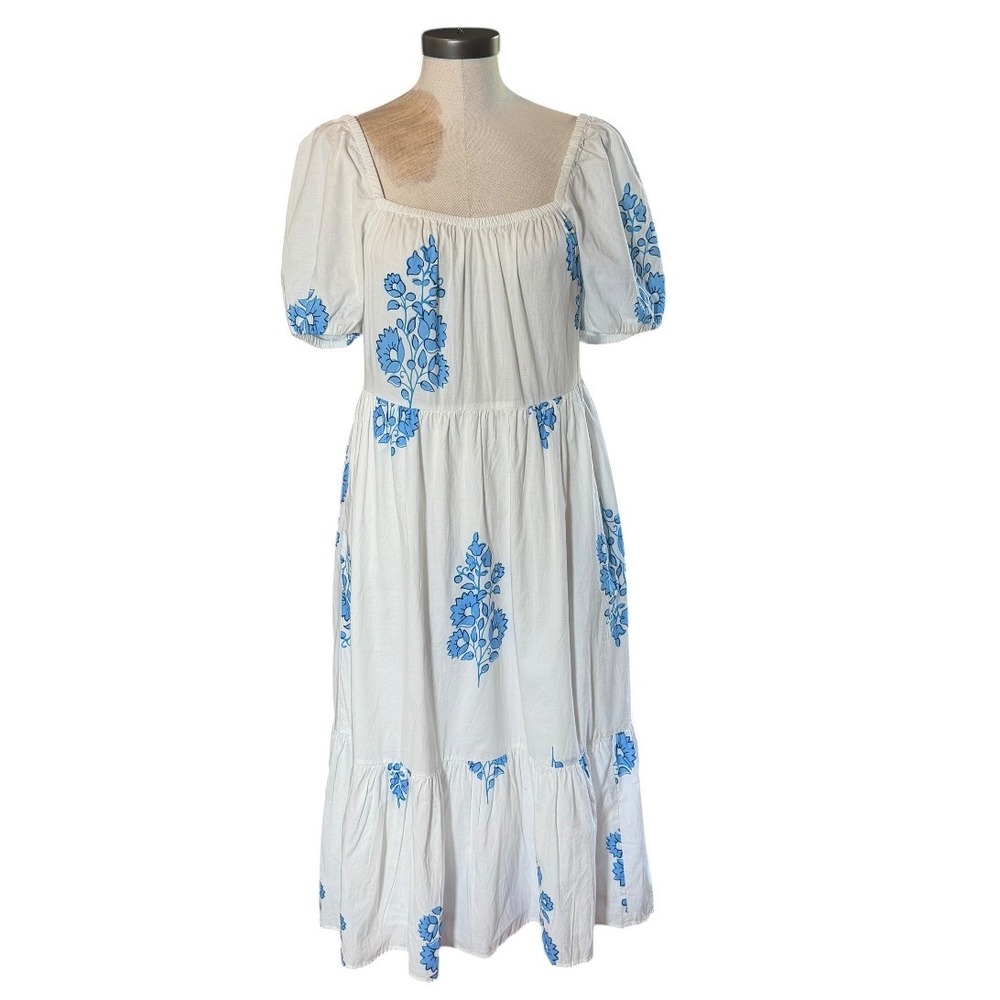 J.Crew Re-Imagined Blue White Floral Block Print Puff Sleeve Midi‎ Dress Size 6